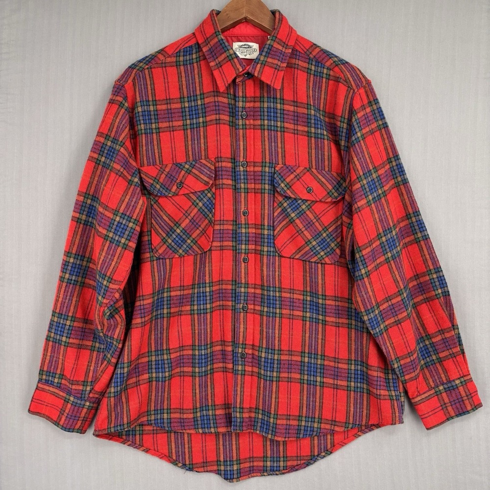 Vintage 80s Fieldmaster Plaid Flannel Shirt Large Red Wool Blend Yoke Lined